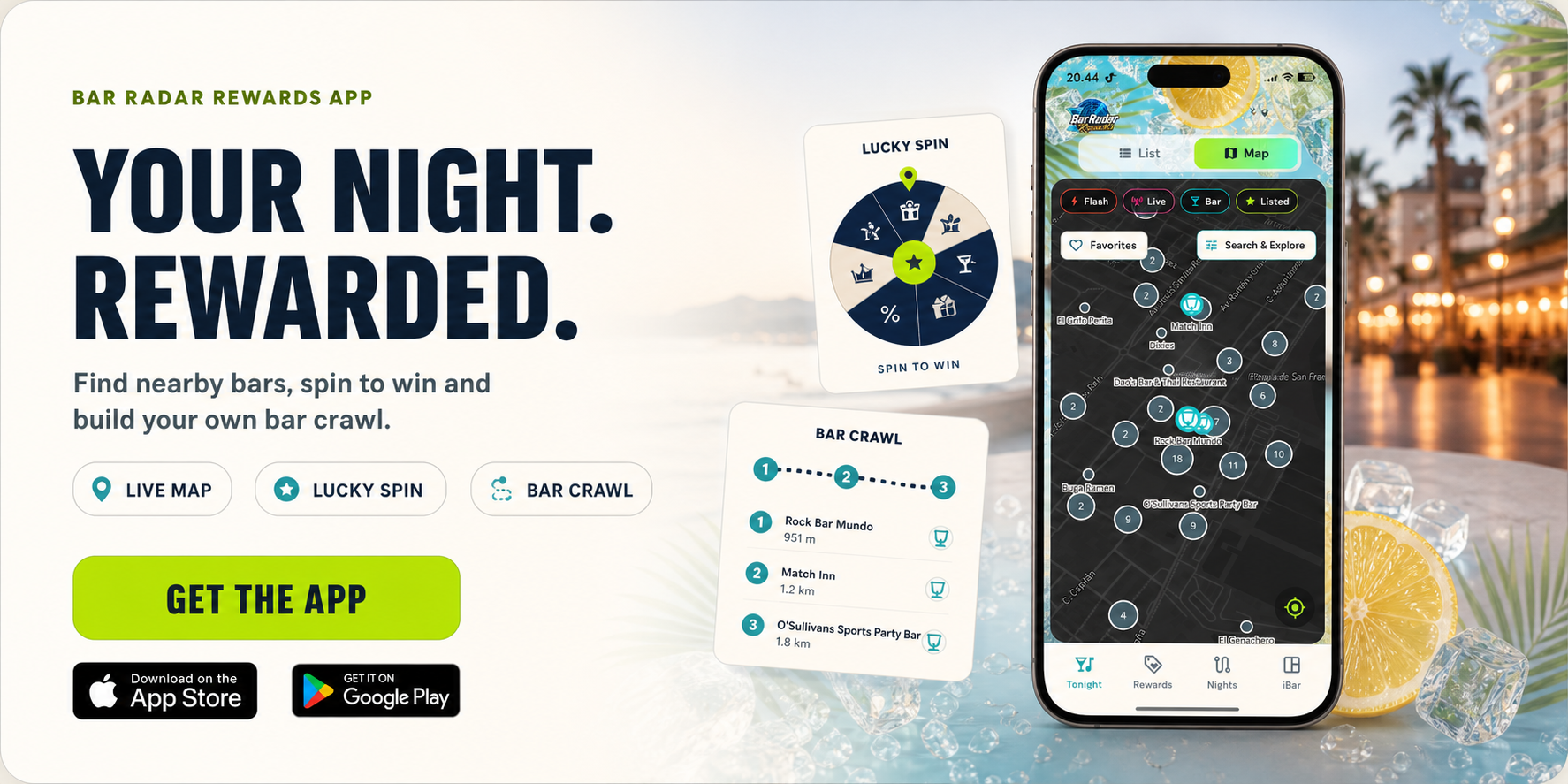 Bar Radar Rewards app with Live Map, Lucky Spin and Bar Crawl