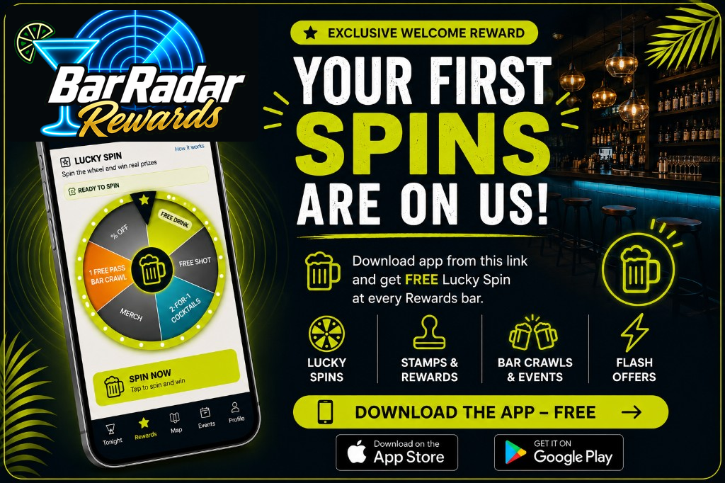 Bar Radar Rewards — Your first spins are on us. Lucky Spins, stamps, bar crawls and Flash offers.