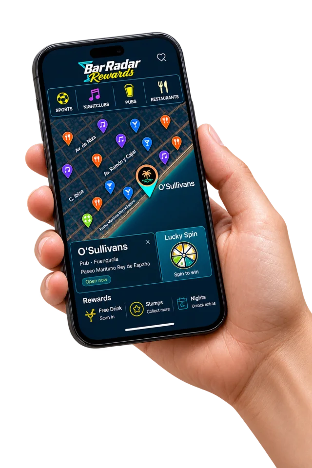 Bar Radar Rewards app showing the Fuengirola nightlife map and Lucky Spin